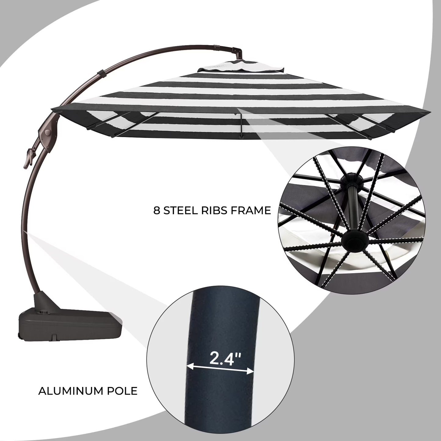 10Ft Deluxe Cantilever Aluminum Offset Umbrella, Large Rectangular Patio Umbrella with Base, Black & White