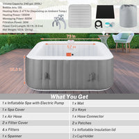73In Square Hot Tub for 4-6 Person,  Inflatable Hot Tub Home SPA for Outdoor, 910L Capacity, 130Pcs Massage Jets, W/4 Filters, Lockable Cover, Storage Bag, 2 Cup Holder, Gray