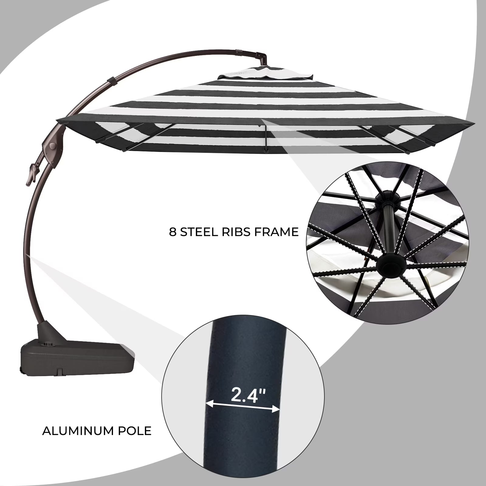 10Ft Deluxe Cantilever Aluminum Offset Umbrella, Large Rectangular Patio Umbrella with Base, Black & White
