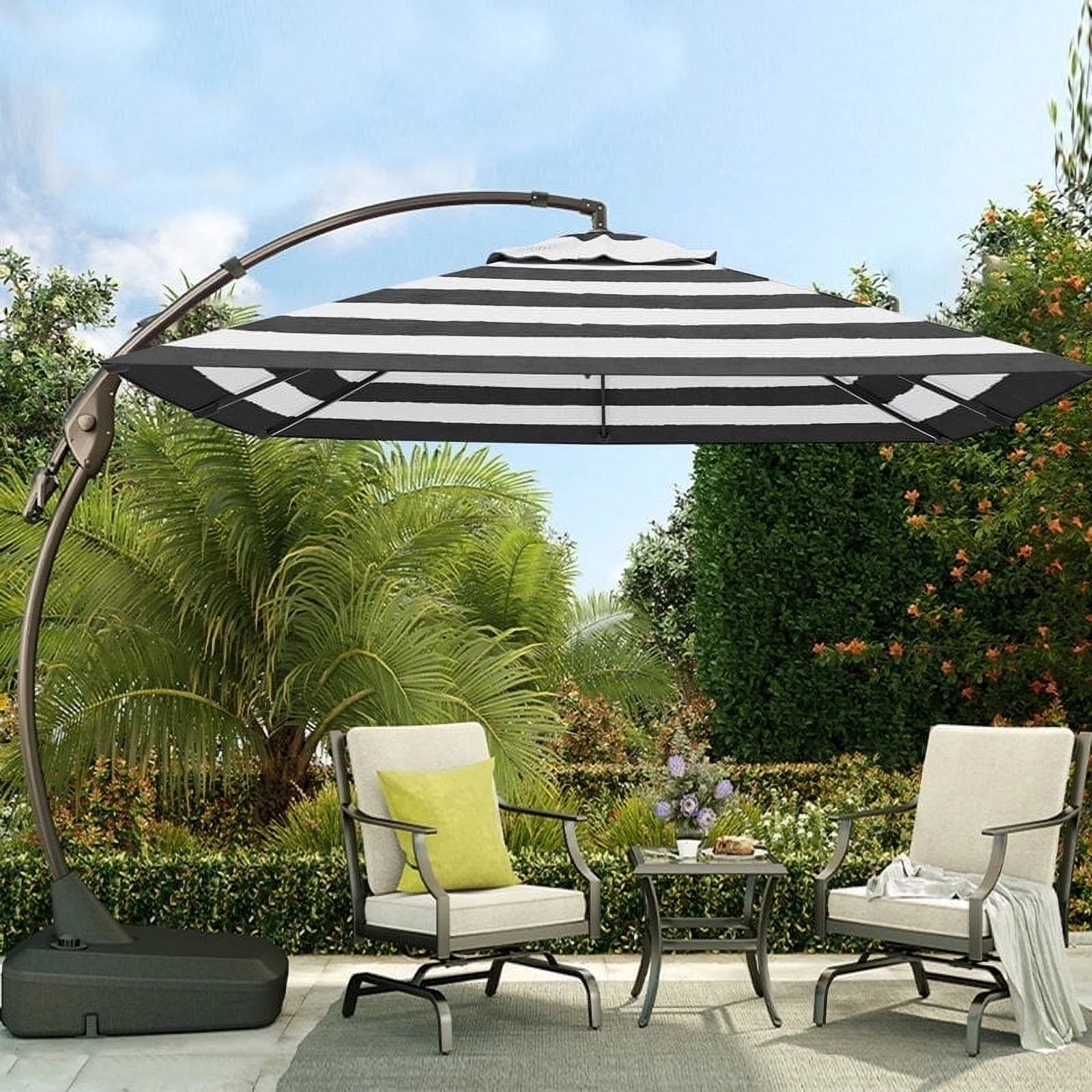 10Ft Deluxe Cantilever Aluminum Offset Umbrella, Large Rectangular Patio Umbrella with Base, Black & White