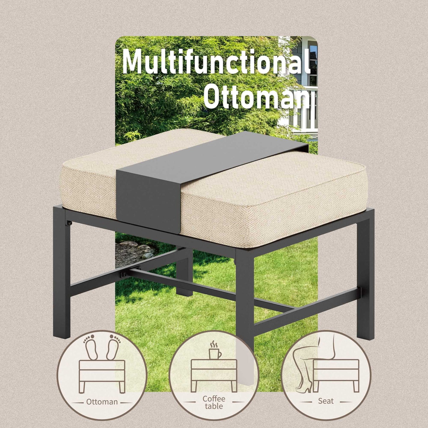 7-Seater Patio Conversation Set Metal Outdoor Furniture Set with Swivel Chairs and Ottomans - Beige