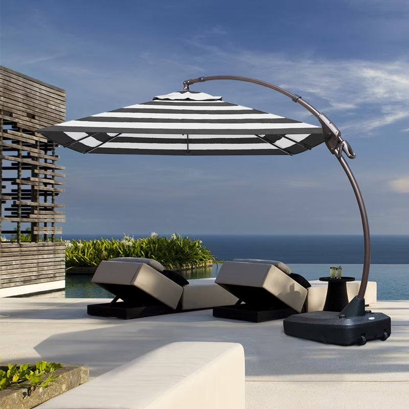 10Ft Deluxe Cantilever Aluminum Offset Umbrella, Large Rectangular Patio Umbrella with Base, Black & White