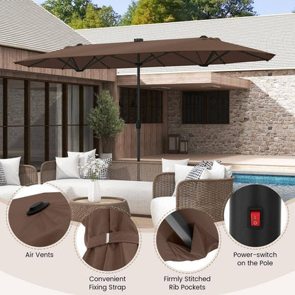 13 Ft. Double-Sided Metal Market Patio Umbrella in Coffee with Solar Lights for Garden Pool Backyard