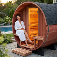 6-Person Patchworkred Cedar Traditional Steam Barrel Sauna — Lifestyle
