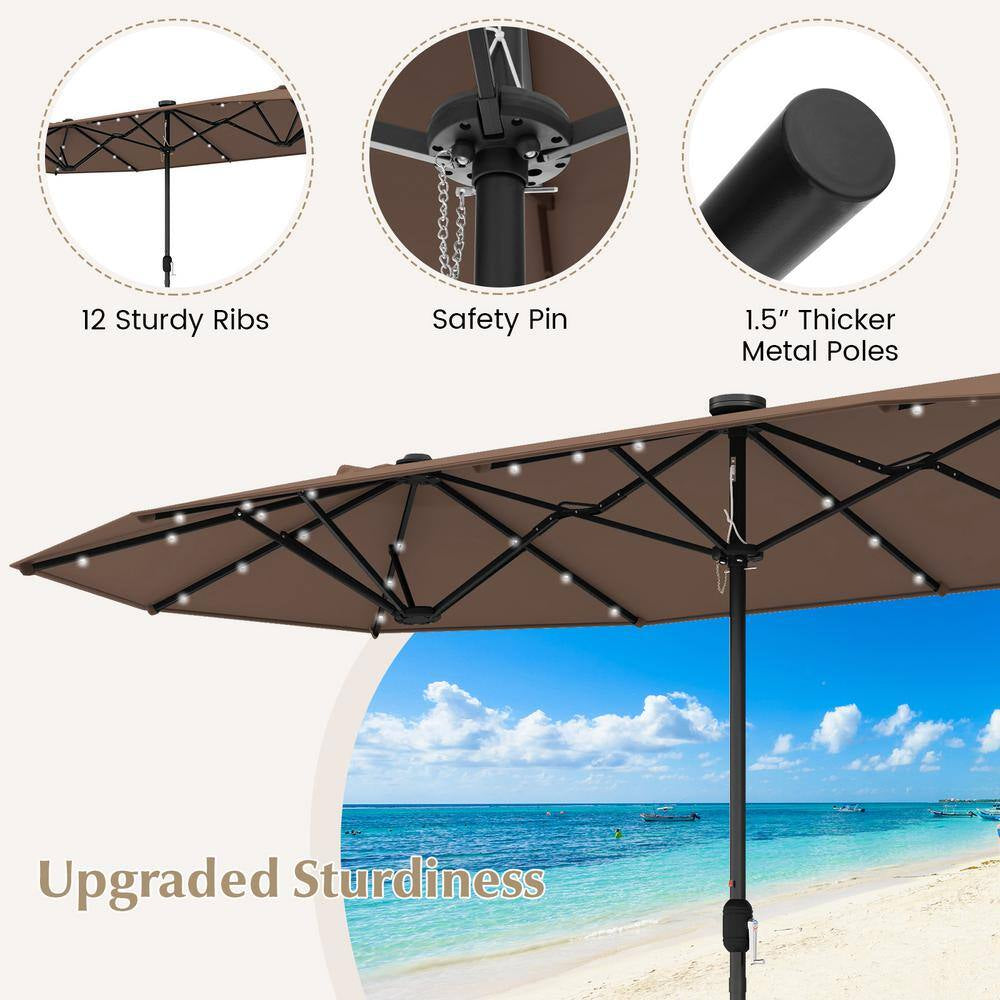 13 Ft. Double-Sided Metal Market Patio Umbrella in Coffee with Solar Lights for Garden Pool Backyard