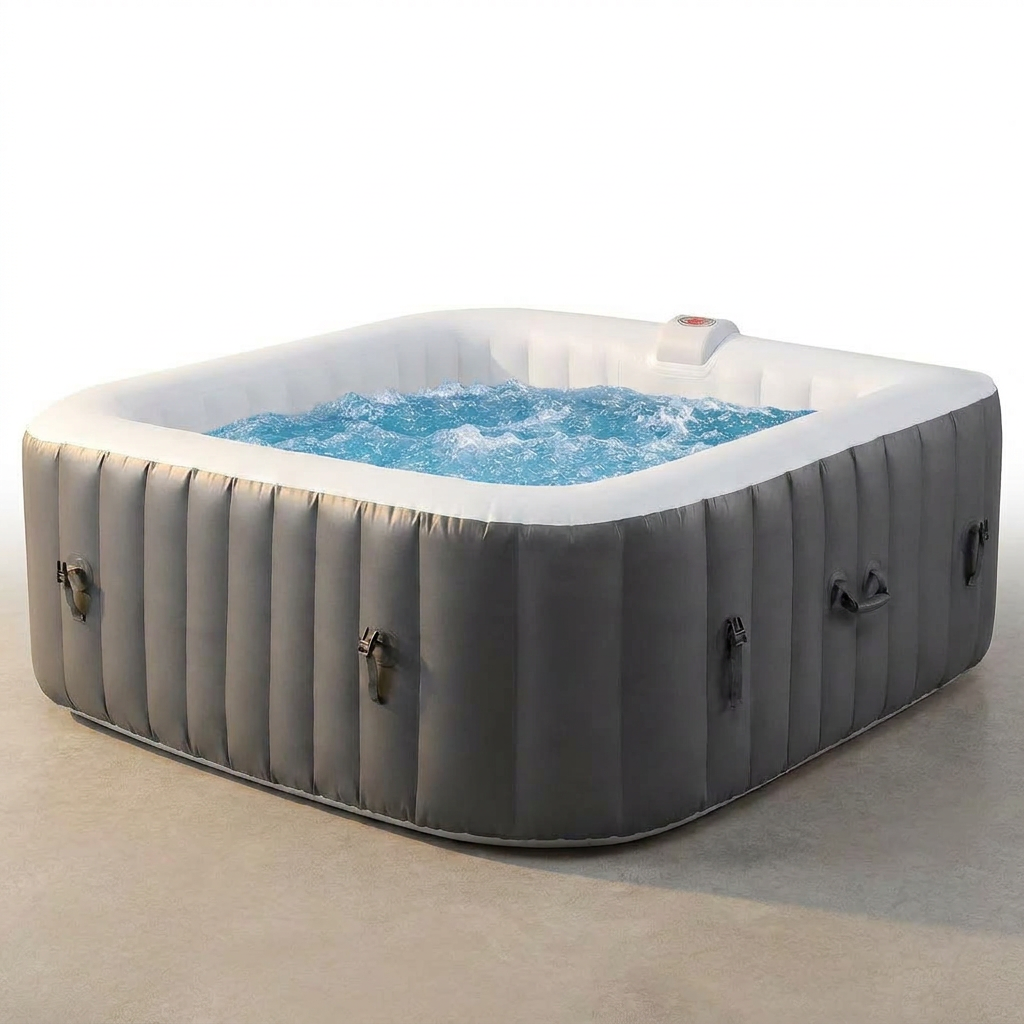 73In Square Hot Tub for 4-6 Person,  Inflatable Hot Tub Home SPA for Outdoor, 910L Capacity, 130Pcs Massage Jets, W/4 Filters, Lockable Cover, Storage Bag, 2 Cup Holder, Gray — Studio Shot