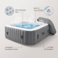 73In Square Hot Tub for 4-6 Person,  Inflatable Hot Tub Home SPA for Outdoor, 910L Capacity, 130Pcs Massage Jets, W/4 Filters, Lockable Cover, Storage Bag, 2 Cup Holder, Gray — infographic