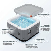 73In Square Hot Tub for 4-6 Person,  Inflatable Hot Tub Home SPA for Outdoor, 910L Capacity, 130Pcs Massage Jets, W/4 Filters, Lockable Cover, Storage Bag, 2 Cup Holder, Gray — How It Works