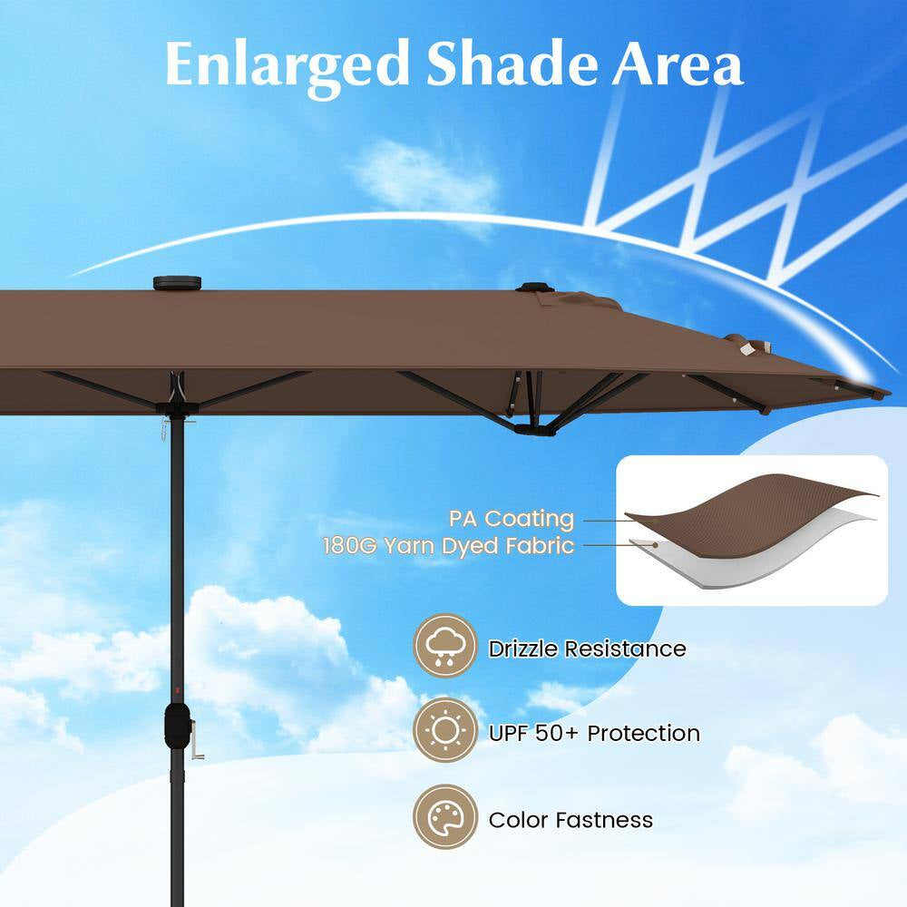 13 Ft. Double-Sided Metal Market Patio Umbrella in Coffee with Solar Lights for Garden Pool Backyard