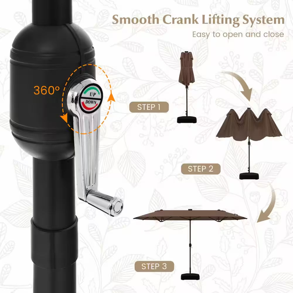 13 Ft. Double-Sided Metal Market Patio Umbrella in Coffee with Solar Lights for Garden Pool Backyard