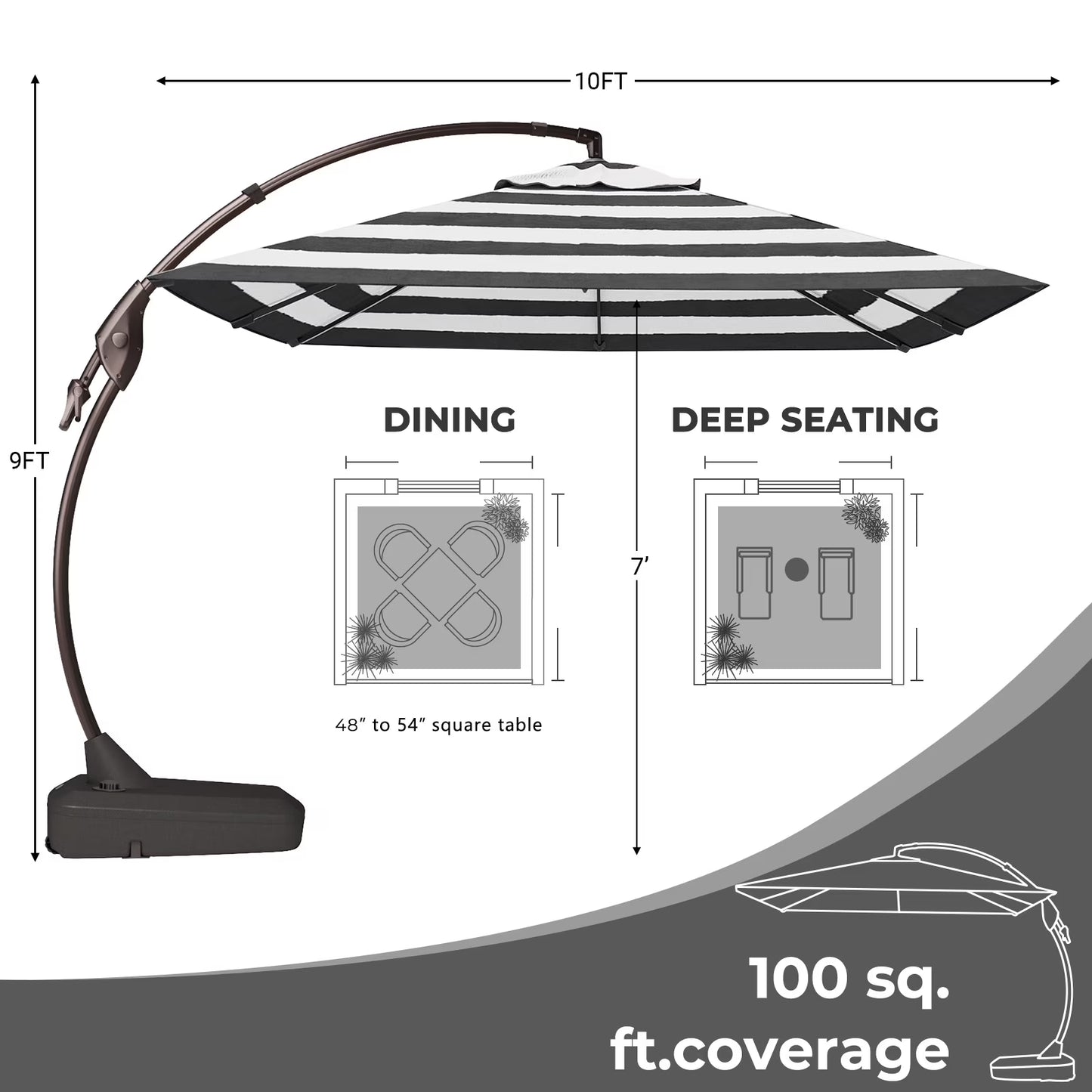 10Ft Deluxe Cantilever Aluminum Offset Umbrella, Large Rectangular Patio Umbrella with Base, Black & White