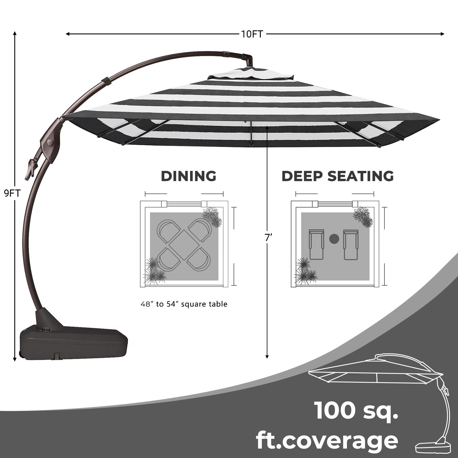 10Ft Deluxe Cantilever Aluminum Offset Umbrella, Large Rectangular Patio Umbrella with Base, Black & White