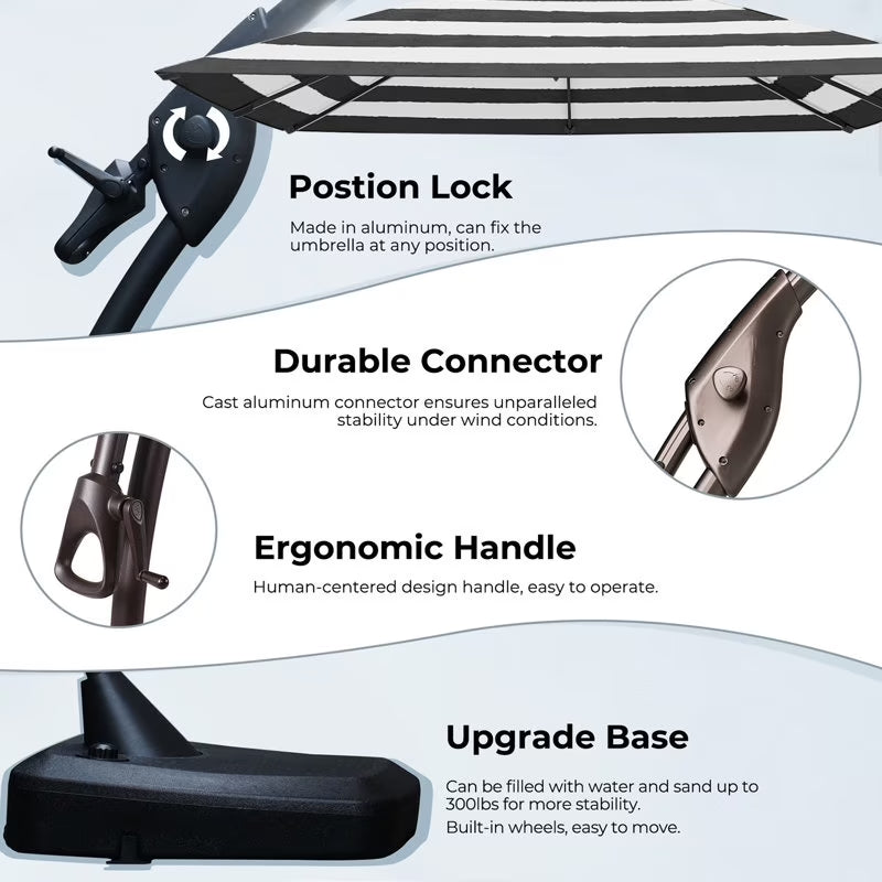 10Ft Deluxe Cantilever Aluminum Offset Umbrella, Large Rectangular Patio Umbrella with Base, Black & White