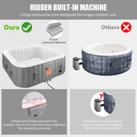 73In Square Hot Tub for 4-6 Person,  Inflatable Hot Tub Home SPA for Outdoor, 910L Capacity, 130Pcs Massage Jets, W/4 Filters, Lockable Cover, Storage Bag, 2 Cup Holder, Gray