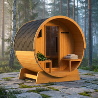 Outdoor Indoor Finland Pine Wet Dry Barrel Sauna 3-5 Person Front Porch Canopy 4.5 Kw ETL Certified Bitumen Shingle Roof — Studio Shot