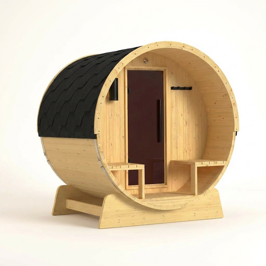Outdoor Indoor Finland Pine Wet Dry Barrel Sauna 3-5 Person Front Porch Canopy 4.5 Kw ETL Certified Bitumen Shingle Roof — Studio Shot