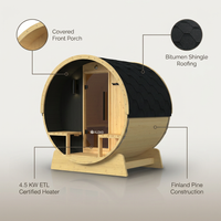 Outdoor Indoor Finland Pine Wet Dry Barrel Sauna 3-5 Person Front Porch Canopy 4.5 Kw ETL Certified Bitumen Shingle Roof — infographic
