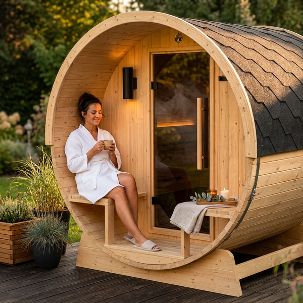 Outdoor Indoor Finland Pine Wet Dry Barrel Sauna 3-5 Person Front Porch Canopy 4.5 Kw ETL Certified Bitumen Shingle Roof