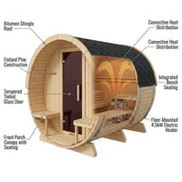 Outdoor Indoor Finland Pine Wet Dry Barrel Sauna 3-5 Person Front Porch Canopy 4.5 Kw ETL Certified Bitumen Shingle Roof — How It Works