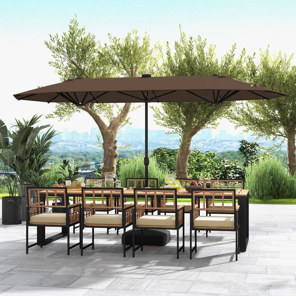 13 Ft. Double-Sided Metal Market Patio Umbrella in Coffee with Solar Lights for Garden Pool Backyard