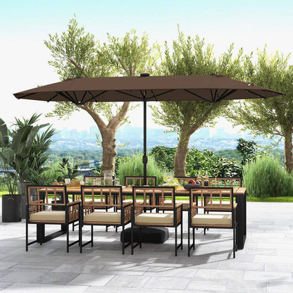 13 Ft. Double-Sided Metal Market Patio Umbrella in Coffee with Solar Lights for Garden Pool Backyard