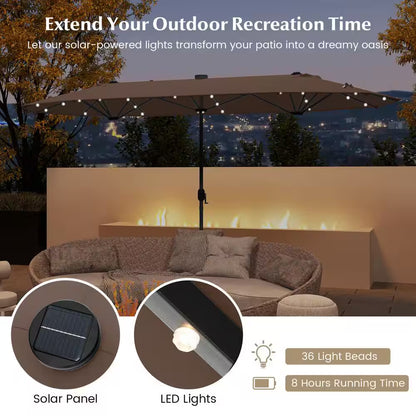 13 Ft. Double-Sided Metal Market Patio Umbrella in Coffee with Solar Lights for Garden Pool Backyard