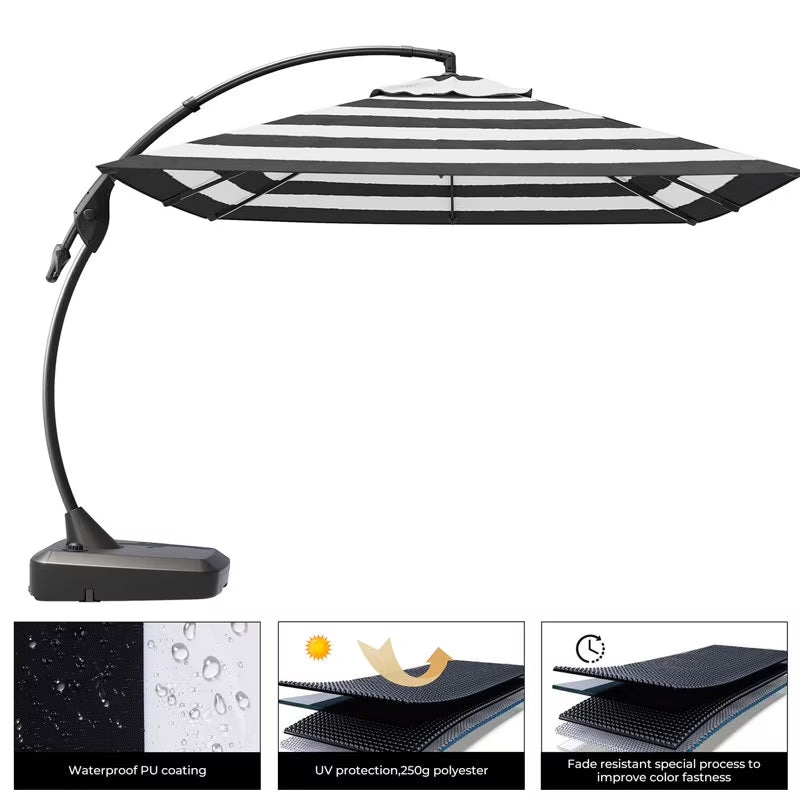 10Ft Deluxe Cantilever Aluminum Offset Umbrella, Large Rectangular Patio Umbrella with Base, Black & White